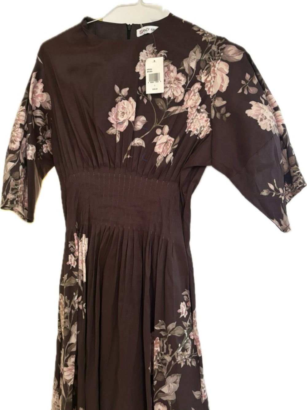 Nancy Yang Women's Floral Maxi Dress in Dark Brown with Pink Roses